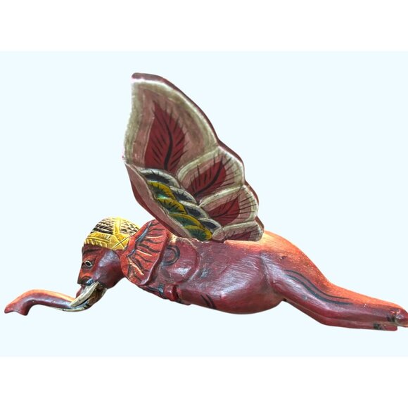Hand-Carved Vintage Flying Elephant Figurine With Painted Wings & Trunk Detail - Picture 1 of 16